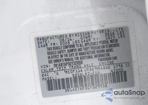 2016 Nissan Sentra Sr z USA, uszkodzony, nr VIN 3N1AB7AP3GY329958